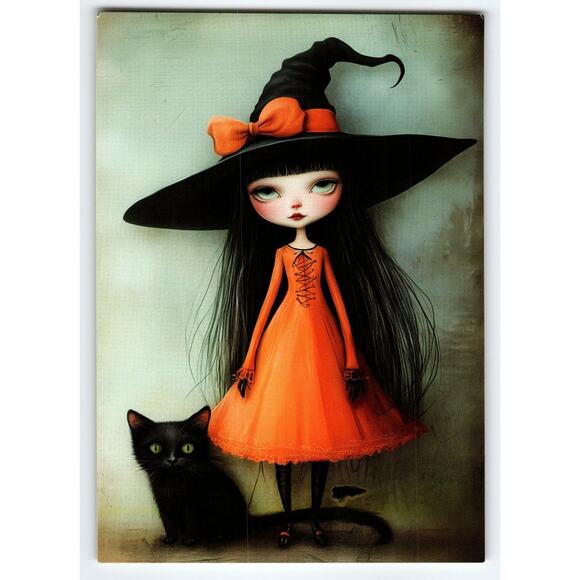 Halloween Witch with Black Cat Vintage Style Postcard 5.5x4" - Picture 1 of 2